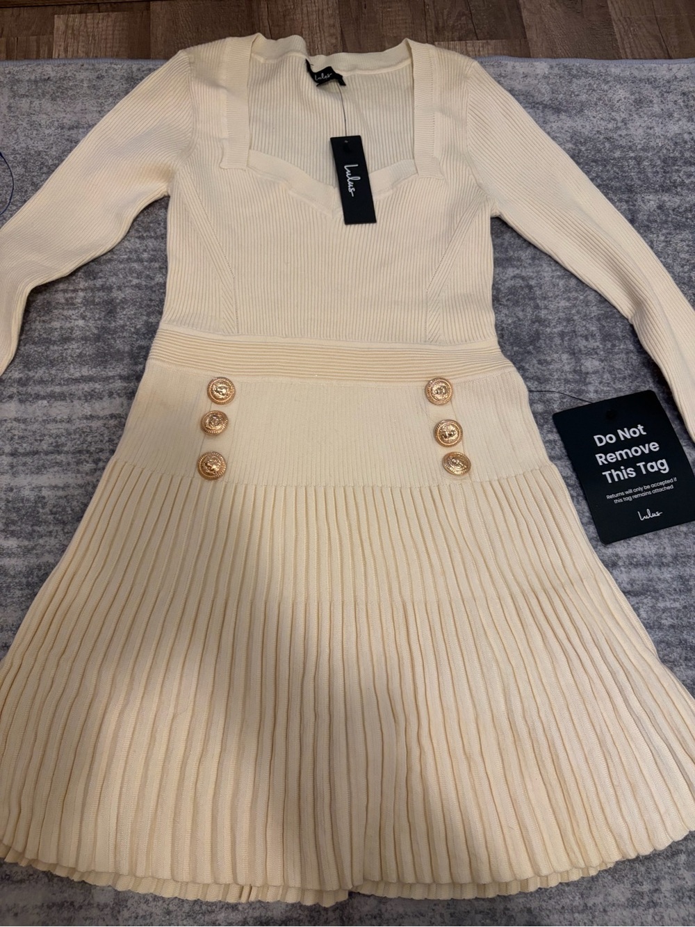 Lulu's Cream Ribbed Knit Pleated Dress with Gold Buttons